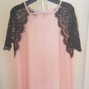 Pink Blouse with black lace Short Sleeve